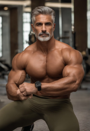 anjEstavaDescription of the Man with Imposing Appearance: Diante de mim, A man of magnetic and imposing presence emerges, A figure that commands instant attention. Her gray hair gives a distinct touch of maturity to her appearance, while a carefully modeled goatee accentuates its striking features. This combination of traits reveals a unique blend of wisdom and vigor. Every muscle in your body is meticulously toned and defined, The result of years of tireless dedication to physical training. Os contornos esculturais de seus ombros, Chest and arms reflect his relentless pursuit of athletic excellence. Your posture is a natural extension of your inner strength, Conveying trust and authority. He wears tight knit pants that fit perfectly to the contours of his muscles, displaying his athletic form with pride. The absence of a shirt reveals sun-tanned skin, in which each scar and brand tells a story of challenges overcome and lived experiences. Their green eyes are like shimmering gems, profundos e penetrantes, revealing an emotional intensity that is balanced by an intrinsic serenity. Esses olhos capturam a luz do ambiente, reflecting a color palette that seems to dance in its depth. This man's presence is a combination of strength and subtlety, a symphony of features that captivate and inspire. Its imposing appearance is complemented by an aura of recognition and understanding, inviting others to connect not only with your appearance, but also with the history that his green eyes silently express.