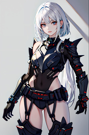 tmasterpiece?Best light and shadow?intricately details?1girll????whaite hair?long whitr hair?Armour?Exposing thighs?Machinary?solid color backdrop?grey wall?earnestly?looking at viewert?submachine gun