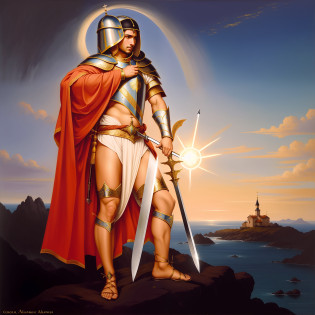(Obra prima) (8K) (ALTAMENTE DETALHADA) (alta qualidade) pintura de um homem em armadura com uma espada e escudo, pintura de um cavaleiro, pintura restaurada, portrait of saint of the pit, pintura renascentista de um cavaleiro, segurando seu tridente, Arcanjo Miguel, saint of the pit, inspired by M�r Than, Grande Rei de Stovokor, com espada grande, Pintura de Golias, imagem de um guerreiro masculino adulto