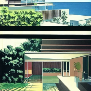 hyper realistic eye level exterior photo of a mid century modern style house overlooking the ocean, daylight, indirect lighting, AD magazine, Frank Lloyd, Eames, Mies van der Rohe