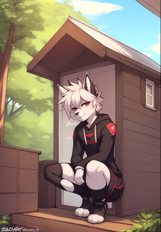 zackary911, by zackary911, anthro, tiny house, giant femboy, outside, crouching above house