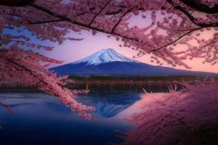 A breathtaking photo of cherry blossoms in full bloom in the foreground, with the majestic Mount Fuji standing tall and proud in the far distance, captured in the distinct style of Takashi Komatsubara. The composition emphasizes the delicate beauty of the cherry blossoms, captured in stunning detail. The vibrant pink petals are illuminated by the cold morning light, creating a beautifull contrast against the deep blue of the sky and the white snow-capped peak of Mount Fuji. Shot with a Canon EOS R camera using a 70-200mm f/2. 8 lens, the settings are carefully chosen to achieve optimal exposure and sharpness, with an aperture of f/4. 5, ISO 100, and a shutter speed of 1/1600 sec. The image is further enhanced in post-processing, with selective adjustments to color balance, contrast, and saturation, resulting in a mesmerizing and unforgettable work of art. Hyper-detailed, Super-Resolution, UHD, DTM, HDR, 8K --ar 3:2 --q 2