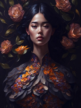 oil painting of woman in a dress made of [petals| flower] styled in modern gothic clothes| digital painting| (full length portrait:1. 3)| detailed face| very intricate masterpiece| unreal| octane| 4k| 8k