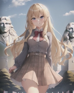 girl, long curls, highlights, lowlights best blonde girl hair, south dakota, mount rushmore, 4 president faces carved on hill, usa, rushmore, afternoon, american and casual outfit, skirt, cute. anime, anime faces, happy, created by Artgerm, volumetric lighting, photography, holga, 300mm lens f3. 5, aesthetic, full body shot, facing camera