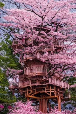 THE CHERRY BLOSSOM TREE HOUSE :: beautiful ornate treehouse in a gigantic pink cherry blossom tree :: on a high blue grey and brown cliff with light snow and pink cherry blossom trees :: Roger Deakins and Moebius and Alphonse Much and Guweiz :: Intricate details, very realistic, cinematic lighting, volumetric lighting, photographic, --ar 9:20 --no blur bokeh defocus dof --s 4000