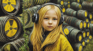 GIRL CHILD 8 YEARS OLD BLONDE HAIR, LONG, CLOSE UP, RUSSIAN STYLE HEADPHONES, BLACK FUR COAT, a closeup of a large pile of yellow barrels with radioactive symbols, nuclear waste, radioactive wastelands, toxic waste, radioactive particles, nuclear wastelands, radioactive, uranium, nuclear, nuclear fallout, post-nuclear, nuclear fashion, post-nuclear fallout,  nuclear energy, future of nuclear energy, nuclear, nuclear art, nuclear reactor, nuclear energy, radiation, toxicity, contaminated