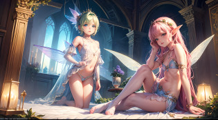 ( Absurd, High quality, ultra-detailed, masterpiece, concept art, smooth, highly detailed artwork, hyper-realistic painting ), young boy and girl, submissive fairy boy and dominant fairy girl, cute, whole body, Romantic, Vivid, dreamy, fantasy, fairy wings, fantasy fairy city, enchanting glow, very detailed art, reveal clothes, sexy lace underwear,  transrarrent clothnes, perky niples, young fairy boy, young fairy girl, flat chested feminine fairy boy, stylish sexy fairy, fairy prince dressed in maiden dress, sissy fairy prince, bulge in lace boy's underwear