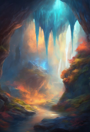 In a cave in outer space?Overgrown with colorful plants?Inside the cave there is?A tree that grows like a mushroom?Above the tree is covered with blue vines?Hang down?with light glowing?At the mouth of the cave?There was a creature looking towards the cave?In the depths of the cave floats white light tulle?