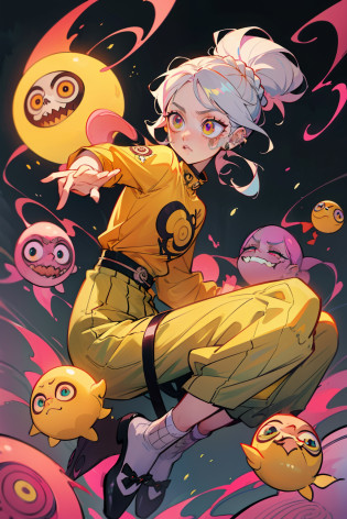 yellow shirt, yellow pants, yellow hair, yellow sky, yellow drunkset, yellow cats, yellow bed, wearing low rise baggy camo pants with square pockets and a cute decorated bra with chains and tore pants, yellow pants, change background, CITY LANDSCAPE, PINK HAIRED, Cotton CANDY, long black haired princess girl with her short green haired zombie boyfriend (((DEMON SLAYER anime art style theme))) ANIME STYLE. TRADITIONAL CHINESE MANGA, Singing into microphone, sitting on large dice, yellow theme, sisters, couple, shibari over a floral dress, crocs with charms, frilly ankle socks with bows, large bows, color schemes pink, pink glowing elements, light effects, bright lights, aura, light rays, back lighting, warm back light, background is just pillows, dynamic pose, vogue model, prada model, gucci model, long braided hair, flowers, dot tattoos, piercings, fishnets, mini jean skirt, and strap-less top, y2k, white water, underwater with fishes everywhere holding breath eating fish, Ultra maniac anime manga style theme (nana manga) Kamikaze kaitoujin, full body high quality 4k illustration, ceiling view pose girl looking into camera from a white bedsheet and blood splatter, Junji ito style, (uzumaki, lit. 
