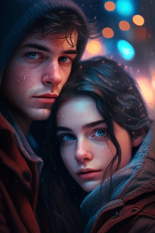 realistic portrait an adult boy with short brown hair and brown eyes and a girl with long black hair and blue eyes staying at night outside in the snowing street at the sidewalk and hugging under the lighting pillar and looking up in the sky, 10 meters from the lens, 8k, dark, cinematic, cinematic lights, highly detailed, photo realistic, blurred shop neon signs, night city, falling snow, extremely high details, ultra hd, hdr, RTX, Post Processing, Megapixel Cinematic lightning, ultra resolution, photography, --quality 2 --ar 2:3 --stylize 999