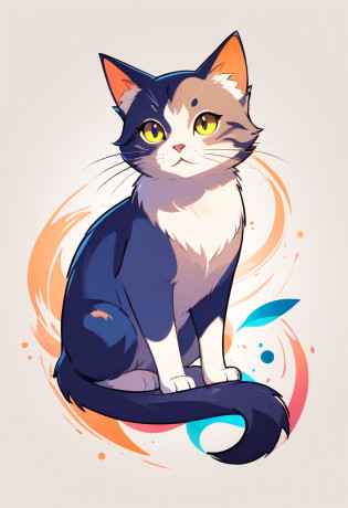 logotipo colorido, Minimalist cute kitten head vector art logo illustration, frente, magica, Crisp design, macio, Monochrome color, Dark magic ink colored splash, design de camisetas, Estilo Studio Ghibli, Design deve ser arte vetorial . Usando o Adobe Illustrator, Crie uma limpeza, logotipo simples, mas cativante. Mantenha o design focado no olho do gato, Capture sua singularidade e charme. The logo should evoke a sense of sophistication and tranquility. The emphasis on low-poly style adds a touch of luxury. The overall aesthetic should be elegant and elegant, relevante para os objetivos da sua marca e logotipo, fundos pretos, ((Simemeter))?It's a small cat
