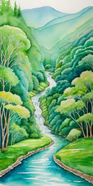 A watercolor painting of a lush green forest with a winding river running through it.