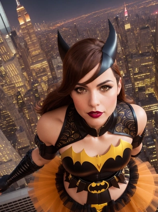 sexy VIZ Batgirl heroine character, adult (spanish:1. 3) woman, brown and red intricate ornamented rubber costume, (tutu:1. 2), masterpiece three quarter portrait photograph, flirting with the camera, highly detailed skin texture, adult, outdors, city skyline, bob cut, empire state building, lace, soft shadows, night time, dramatic cinematic lighting, close-up, action pose, from below