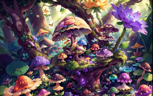 Mushroom forest with glass goblet?s fractal art?morning glory?butterflys?lotuses?four-leaf clover?morning glory?Cyber Mushroom Forest?Ultra-detailed digital fantasy art?Mushrooms are everywhere in the picture?The unique mushroom shape creates a magical casa scene