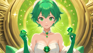 emerald tiara, Green Pearl Necklace, Boyish very short green hair, lipsticks, Japan woman smiling, very short short hair, fist, big breasts beautiful, Green eyes, Long green gloves made of satin material, Green eyes, Emerald Earrings