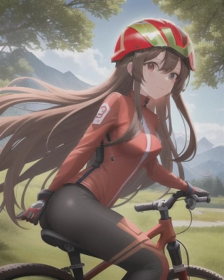 girl, long brunette shag, subtle highlights, best caramel hair, mountain bike trail, trees, pond, 3:00 pm, red bike outfit, riding bicycle, red bicycle helmet, drifting, gloves, cute. anime, anime faces, happy, created by Artgerm, volumetric lighting, photography, holga, 300mm lens f3. 5, aesthetic, unsharpened, no blush, alone, tight trail