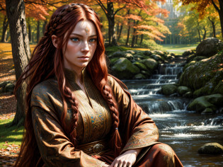 fantasy art, photorealistic, D&D art, a picture of a female monk sitting and meditating in Central Park New York in autumn, there is a human woman monk wearing monk garbs, meditating at Central Park New York, red hair, long hair, full body (best Detailed, Masterpiece, Hyperrealistic :1.5), ultra detailed face (best Detailed, Masterpiece, Hyperrealistic :1.5), ultra feminine (best detailed, Masterpiece, Hyperrealistic :1.5), Perfect Body, exquisite beautiful (best Detailed, Masterpiece, Hyperrealistic :1.5) red hair, long hair, braided hair, pale skin, blue eyes, intense eyes, a shot from a medium distance, Central Park New York as background and the Manhattan towers in  the background, ultra best realistic, best details, best quality, 16k, [ultra detailed], masterpiece, best quality, (extremely detailed), ultra wide shot, photorealism, depth of field, hyper realistic painting, zrpgstyle