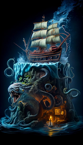 Three layered underwater cake with a black pirate ship at the top and monster Kraken at the bottom in artistically and beautifully designed universe diorama, intricate design and details, dramatic lighting, hyperrealism, photorealistic, depth of field, unreal engine, 8k --upbeta --ar 9:16