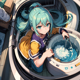 (melhor qualidade: 1.4), anime konosuba, solo, aqua (cabelo longo) na lavanderia , washing clothes in the washing machine, triste, chorando