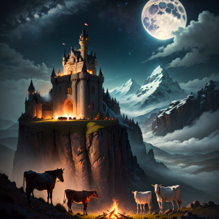 Legend of zelda, male hero holding sword, triumphant, dynamic light, mountains, night, stars, moonlight, campfire, pasture landscape, cows in background, cows standing nearby, hyper-realistic, best quality, black hair, medieval, castle on top of mountain in background,