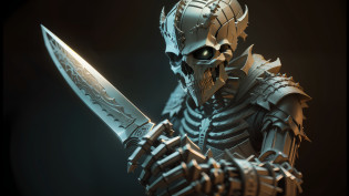 arafed skeleton with a knife in his hand and a skull on his arm, skeleton warrior, black skeleton sword guard, stuning fantasy 3 d render, skeleton knight, wearing a skeleton armor, 8 k highly detailed ?? ? ? ? ?, fantasy skull, scary detailed art in color, intricate assasin armor, intricate ornate anime cgi style, skeleton king --auto --s2