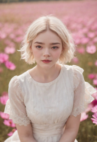 Very short hairstyle(medium close-up),Little fat girl,Cosmos Field,(((Cosmos blooms profusely))),(((cosmos))),Autumn sunshine pouring down from behind,The atmosphere of Elle Fanning,tiarra,cotton dress,(((thighs thighs thighs thighs))),bare-legged,white hair,Curly,angry looking face,12-year-old girl,short-haired,soft sunlight,(((birdseye view))),Sauce order,up of face,Kamimei,(((hitornfreckles)))