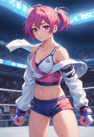 **an athletic girl, flat chest, pink hair, short messy hair, purple eyes, wearing a white MMA outfit and an off-shoulder jacket, shoulders exposed, punk, tough and aggressive, boxing wraps around hands