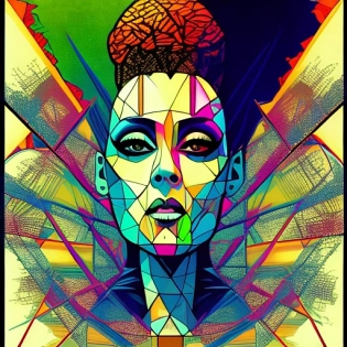 geometric abstract portrait of Bride of Frankenstein kissing Frankenstein, bright vibrant colorful, shepard fairey --aspect 3:6