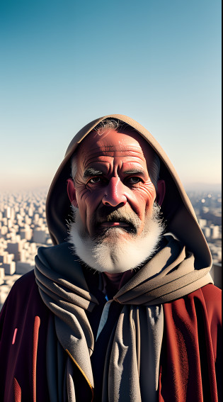60-year-old man standing, homem arafed, with beard and a beggar's cloak standing near the city, filme 8k ainda, de Etienne Delessert, barba grisalha, filme ainda 8 k, cabelo grisalho e barba, barba grisalha, barba branca curta, por Matija Jama, retrato 8k render, retrato tiro 8 k, barba robusta, the city of Jericho behind him