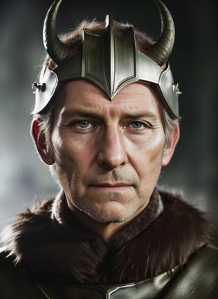 ( <lora:PeterCushingOld:.8>) close up  Portrait photo of (pco1) man with short hair, Detailed face, (perfect green eyes), (realistic matte skin:1.1), perfect body, wearing  (((Fur-trimmed tunic, horned helmet,)), Modelshoot style, Professional Photography, soft  lighting, PHOTOREALISTIC, Realistic, standing in dark studio background, blurred background, volumetric fog,. RAW, analog style, sharp focus, 8k, HD, DSLR, high quality, Fujifilm XT3, film grain, award winning, masterpiece,