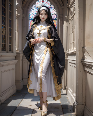 masutepiece?hight resolution?Nun costume???Old Female??girl with?Beautiful now?9th class?Look at the viewer?smil?Okappa?The background is a monastery?Glitter background?Beautiful stained glass?the skin is white and transparent?Beautiful nun praying to God?Angel Smile?the skin is white and transparent?legs are thin and beautiful,high-heels?Gold Anklet?Stand and watch us?Shot looking down from a high position?