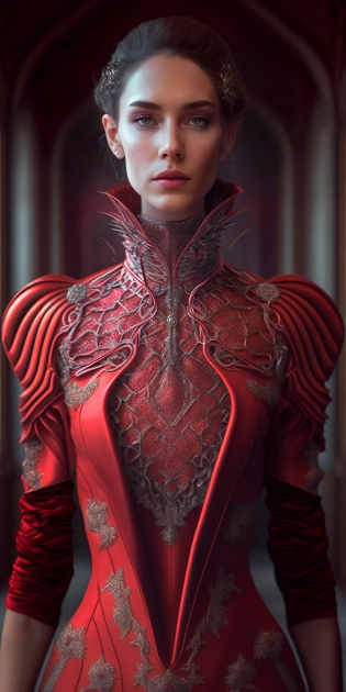 gorgeous woman in red dress made with rubies and sparkling diamonds with intricate details, fashion dress, soft silk, detailed texture, brocade, fashion show, beauty face, Sci-fi Victorian room, great hall, turtleneck dress, wedding photography, bridal gown, full body, symmetrical, octane render, highly detailed, peter Mohrbacher, ultra realistic, cinematic lighting, 8k, 4k, --ar 1:2 --no fingers --no hands