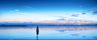 There was a man standing on a pier in the water, Anime girl walking on water, Makoto Shinkai Cyril Rolando, pondering. By Makoto Shinkai, Makoto Shinkai. a digital rendering, Makoto Shinkai!, Makoto Shinkai!!, Shinkai Makoto style, Makoto Shinkai's style