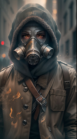 (Best quality,4K,8K,A high resolution,Masterpiece:1.2),Ultra-detailed,Realistic,Photorealistic:1.37),rebellious,masked,rebel,Latex gas mask,unrest,Dangerous rebellion,Rebellious hairstyle,defiance,warrior,scribbles,view over city,worn-out clothing,protest,anarchy,gritty texture,Revolutions,streetart,Smoky streets,Bokeh,Moody lighting,the street lights,Fiery sky,Ominous atmosphere,Vivid colors,dystopian,Gone,Social unrest,Political turmoil,frowned upon,Express an objection,Masked uprising,urban decay,Defiant gaze,Masked resistance,Tough stance.