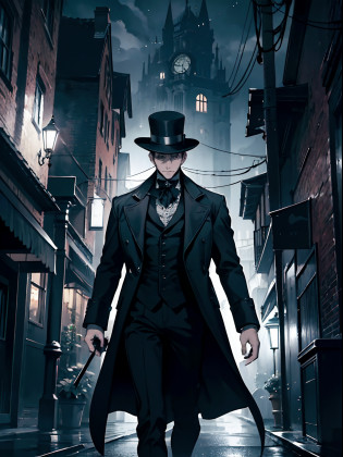 In a Victorian-era city at night, a man wearing a detective coat walks along a lonely street. The atmosphere is mysterious and filled with suspense. The street is dimly lit by flickering gas lamps, casting eerie shadows on the cobblestone ground. The man's coat is tailored to perfection, emphasizing his professional allure and determination. The sky above him is dark, with a captivating darkness emanating from the clouds, creating an ominous and foreboding atmosphere. thousand of one-eyed eyes gazing above him from the dark sky, Every step he takes echoes through the empty street, adding to the tension and intrigue. The city around him is reminiscent of the Victorian era, with tall, intricate buildings adorned with ornate details. The distant sound of a carriage passing by adds to the authenticity of the scene. The prompt aims to capture the essence of the detective's journey through this mysterious night, with elements of darkness, , and the haunting beauty of a bygone era, and the mysterious one-eyed eyes above the sky (best quality, highres), (dramatic lighting, atmospheric), (detective noir, Victorian Gothic)