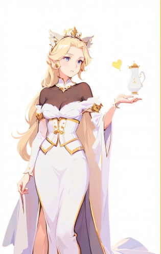 a close up of a woman in a white dress holding a cup, cushart krenz key art feminine, blonde - haired princess, granblue fantasy, cleric, ashe, cushart krenz, genshin, alluring elf princess knight, pretty female cleric, artoria pendragon, anime goddess, lovely queen, loli in dress, royal elegant pose