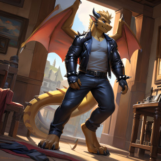 (masterpiece, best quality, high quality, highres:1.4), detailed, extremely detailed, ambient soft lighting, 4K, by (by Pino Daeni, (by ruaidri), yupa, kiyosan,(by meesh), (by fffffolder)), delga: (slim, athletic, dragon, yellow body, smooth skin, athletic muscle, anthro legs, (dragon feet), (toe claw), blue eyes, blonde spikes, (detailed eyes), dragon horn, dragon tail, two wings, dragon wings, wings on back, (clothing, (topwear: (spiked leather jacket and shirt), handwear:(none), bottomwear:(pants:black, [[leg armor]]))), handsome, closed_mouth, ((serious_look, serious)) tag:1boy), standing, performing, playing electric guitar, pov, (((inn))),