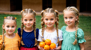Three children blonde girls in braids with portrait, numa monanha com muitas laranjas, oranges.