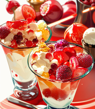 there are two cups of fruit and ice cream on a table, squashed berries, sea of parfait, ????, yummy, jelly, halo halo halo halo 8k, slush)), inspired by Cherryl Fountain, jelly - like texture, fresh fruit, (a bowl of fruit)!!!!!!!!!, squashed berries dripping, berry juice, healthy