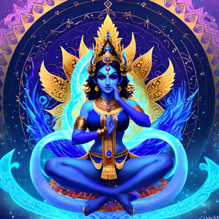 Deusa Kali, deusa hindu, Kali, corpo bonito, corpo feminino, rosto bonito, corpo detalhado, rosto detalhado, Six arms, deusa Kali meditando no universo, universo detalhado, universo colorido, OM symbol, corpor azul, BLUE body, corpo detalhado, Character away from the camera, terceiro olho na testa