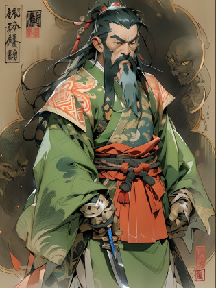 (((China-style?Ink painting method?Half-length portrait?Intense color?Han dynasty, China?Hanfu?Armor?Guan yu?Guan Yunchang?of a guy?Ruddy killing square face?Hold it with your right hand(Close the knife)Qinglong Weir Moon Knife?Stroke your beard with your left hand?Long hair?petty eyes?Green robe))), (((best qualityer))), (((tmasterpiece))), (((AS-Adult))), ((( Japanese ))), Look up from your knees, Handsome Asian samurai?perfect body figure, Modern samurai, ((( Asian))), Wear gloves on your hands?The left arm is made of steel and metal tips?Made of protective devices, The eyes are pulled, (( Appears below the chest )), (( Small dental floss )), Simon Bisley, Almost naked?Simon Bisley?Castle City Wilderness?For high-resolution posters, hair straight, Minimum clothing, armure (Crazy clothes ), Full of tips and rivets, tribal tattoos, (((full bodyesbian))), Straight brunette hair?Colored hair ends