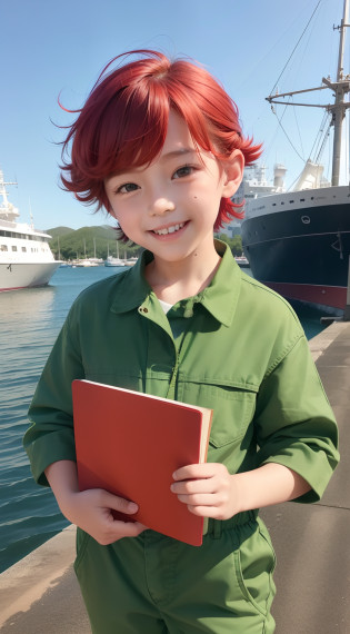 Kids, boys ((6year old)), hair((red)), clothes((shirts, jumpsuit, green)), holding a book, smile expression, harbor, ship,