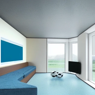 high resolution photography, portable pod for healthcare, conversation pit, windows with view of a football field, football players watching smart TV, diagram of offensive moves on smart tv, bauhaus furniture and decoration in shape of a triangle watching tv, beige blue salmon pastel palette, interior design magazine, active atmosphere