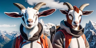 portrait of a two gorgeous goat-womans hybrid dressed as hikers, centered, standing on the top of the world, mountains in background, with fur-skin, attractive, flirting, photography, detailed skin, realistic, photo-realistic, 8k, highly detailed, full length frame, High detail RAW color art, diffused soft lighting, shallow depth of field, sharp focus, hyperrealism, cinematic lighting