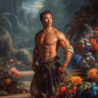handsome man standing in a garden bursting with flowers, Paulina G�ra, Rachel Ruysch