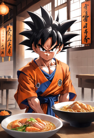 Dragon Ball Goku?Gran simio, Retrato de cuerpo entero?de un real?Los rasgos faciales se representan cuidadosamente?textura realista de la piel?Estilo oscuro?Profundidad de campos?Luz alta?Luz real?Trazado de rayos?OC renderizado?hyper-realistic?Mejor calidad?8k?Obras de maestros?Super-fino?Old pubic detailed?anatomy correct?sharp focus on eyes?Los rasgos faciales se representan cuidadosamente. Goku Disfrutando de Fideos Chinos en un Restaurante