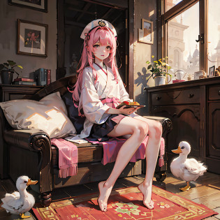 Well-behaved asian girl?Pink hair? Big eyes? The legs are thin, Long and white?The feet are small and beautiful?full bodyesbian?nakeness?duck sitting?photorealestic --auto