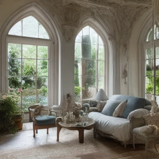 High resolution photography interior design, dreamy sunken living room conversation pit, wooden floor, tall french windows opening onto the garden, gothic furniture and decoration, gothic style, TV unit, sacred space in the interior, beige blue salmon pastel palette, interior design magazine, single storey house and 4 meters wall height, , cozy atmosphere; 8k, intricate detail, photorealistic, realistic light, wide angle, kinkfolk photography, A+D architecture, Hyper detailed, Detail love