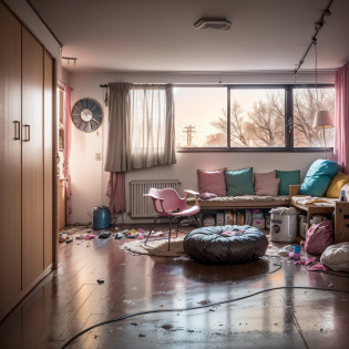Girl's obsolete dirty room, shabby old pink sofa, underwear is scattered, clothes are scattered, PC and monitor, evening, window, sunset light is entering the room, junk food, cup noodles and drink jars and cans are scattered, garbage is overflowing from trash cans. Cables and wiring are exposed from the walls, only appliances are futuristic, sparkling dust flutters in the room, HD, 8K, masterpiece, realistic texture. --auto --s2
