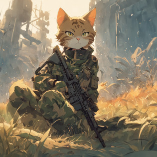 ((cat head, catmen, catgirl, solo, masterpiece, ukraine soldier, ukrainian flag, best quality, (boots) camouflage)) full body, shirt, weapon, gun, steppe location, photorealistic, takes aim, aiming, profile,